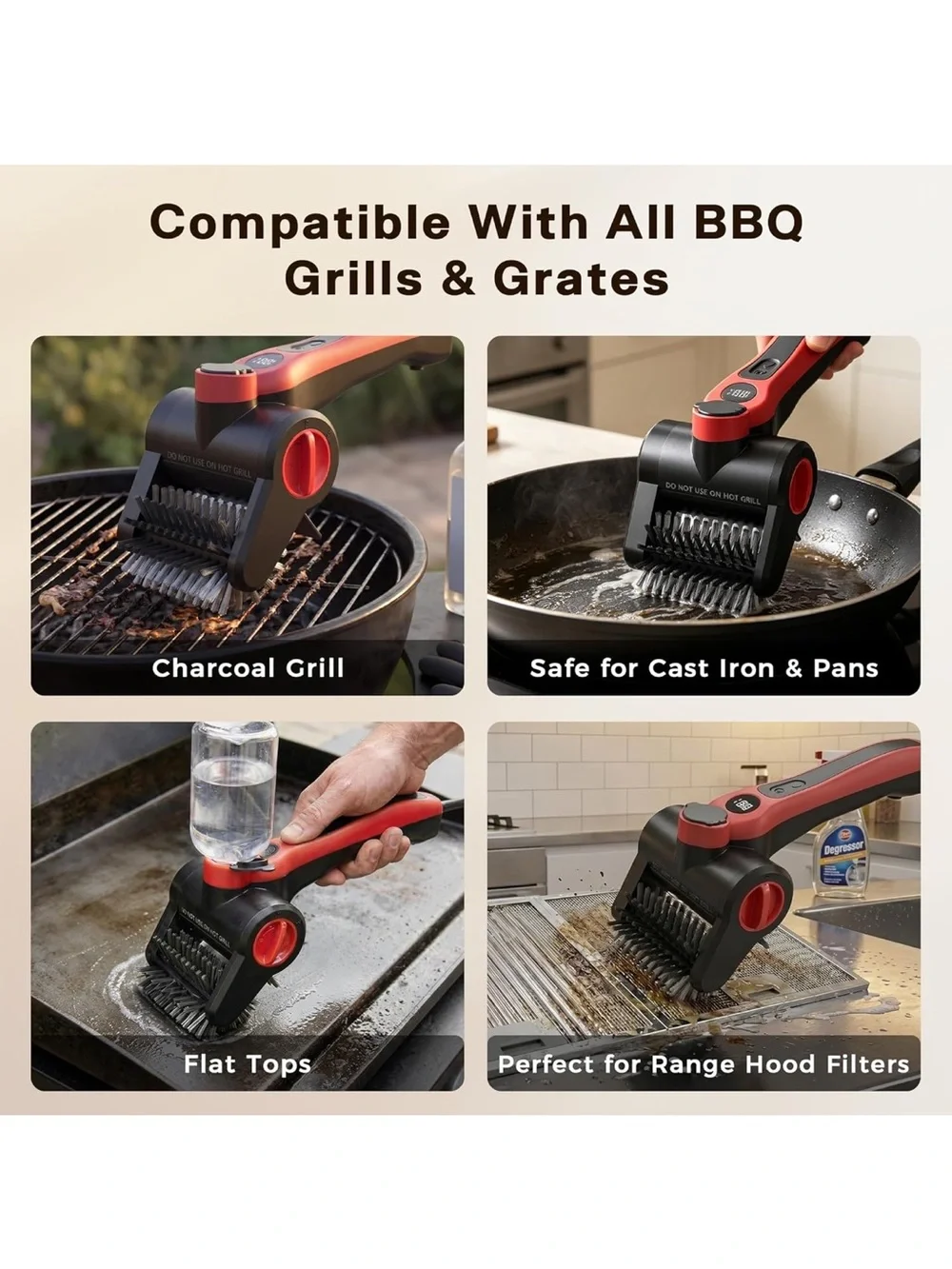 Electric grill brush 100W high power cordless BBQ cleaner with 300ml water spray